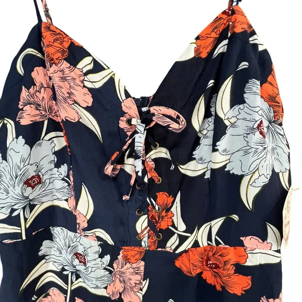 Gypsies & Moondust Jumpsuit‎ XL Navy Blue Floral Lace Up Wide Leg Tropical Boho
